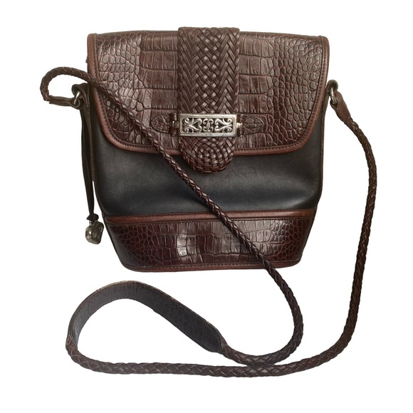 Vintage Brighton Cheryl Crossbody Leather Bag Alligator Embossed Black Brown 90s - Picture 1 of 11